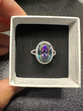 Mystic Rainbow Oval Halo Ring Adjustable Silver Tone Statement Ring